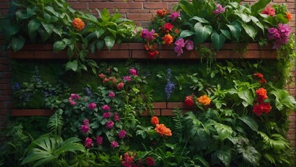 Fototapeta na wymiar A lush vertical garden climbs a brick wall