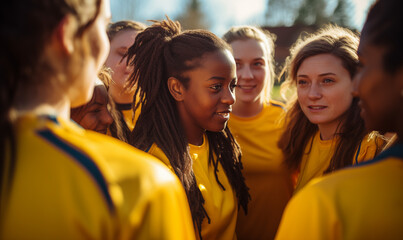 A woman female coach with a womens or teenage girls sport team discussing strategy in a huddle concept - Powered by Adobe