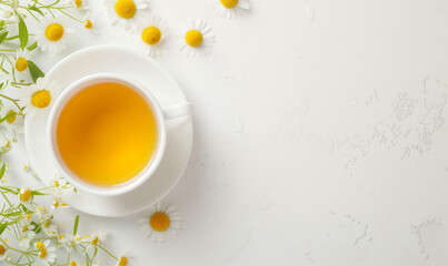 A cup of chamomile tea herbal drink with camomile flowers and copyspace