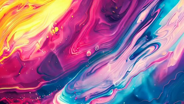 Abstract background of acrylic paint in blue, pink and yellow colors.