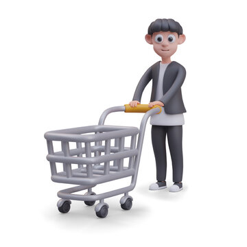 Male character standing holding empty shopping cart. Buyer chooses product