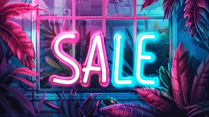 Sale neon sign in the night city