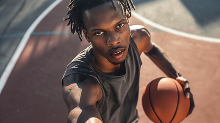 Action shot of African man playing basketball outdoors, copy space, close up