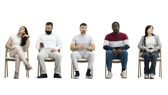 A group of people on a white background is sitting on a chair and waiting