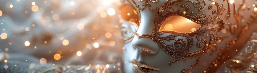 Delicate filigree Venetian mask elegance highlighted by a muted bokeh backdrop - obrazy, fototapety, plakaty