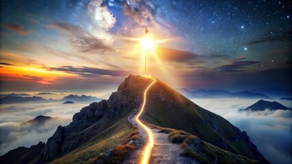 A surreal landscape with a glowing mountain path leading towards a starry sky and sunrise, evoking inspiration and wonder - obrazy, fototapety, plakaty