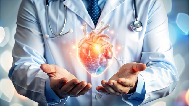 A doctor presenting a glowing human heart, representing healthcare innovation and medical technology advancements