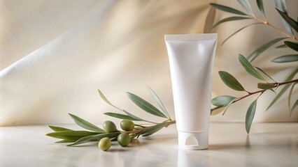 Pure Luxury Blank Cosmetic Cream Tube Paired with Olive Branch on Marble Surface, Evoking Natural Beauty and Elegance