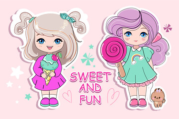 Two cute cartoon little girls with ice cream and candy on a pink background isolated. Anime style. Modern trend stickers. Print for t-shirt for kids - 767866918