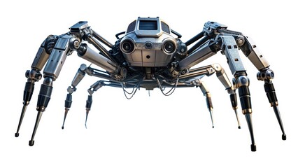 Sleek Robotic Arachnid Modern Spider-Like Robot with Articulated Limbs Isolated on White Background