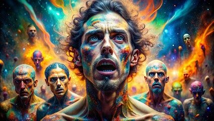 Vivid surreal artwork with multiple cosmic painted faces expressing intense emotions, set in a fiery galaxy backdrop - obrazy, fototapety, plakaty