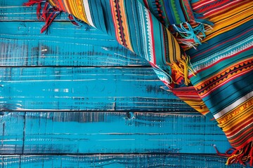 Colorful Mexican Serape blanket on turquoise blue wooden table background with copy space, top view