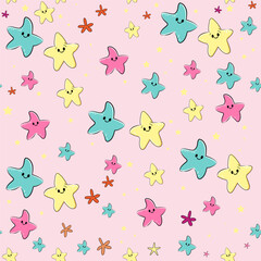 Funny cartoon illustration with starfish on a pink background seamless pattern. T-shirt art, pajamas print for kids - 767867129