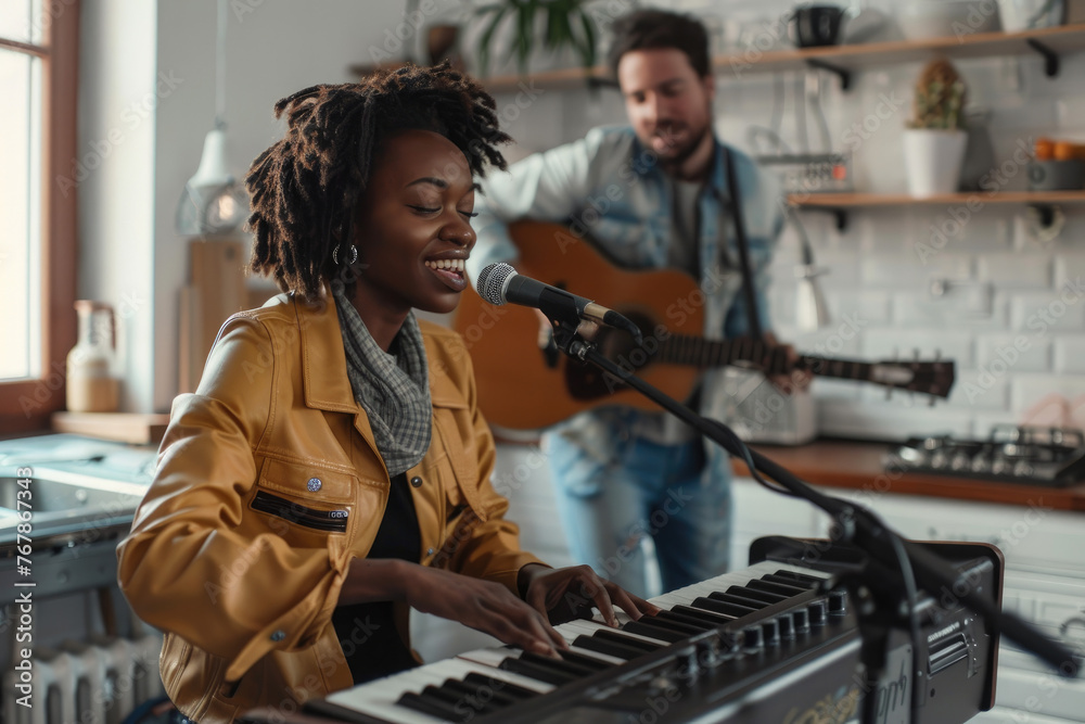 Canvas Prints Black woman playing piano and white man with guitar in the background