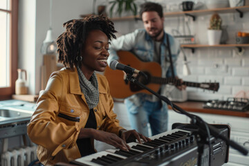 Black woman playing piano and white man with guitar in the background - obrazy, fototapety, plakaty