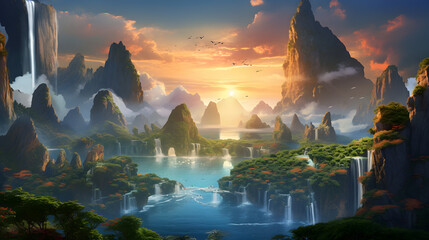 Breathtaking Sunrise Over the Green Mountains in a Dreamy CG Landscape