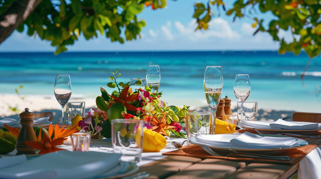 A beautifully set table with tropical flowers and a crystal clear beach in the background, creating an exotic dining experience on a Caribbean island. The scene is depicted in the style of a tropical 