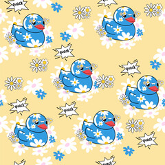 Rubber blue duck with chamomile seamless pattern. Vector cartoon illustration. Pop art style for kids. Concept summer and vacation - 767867504