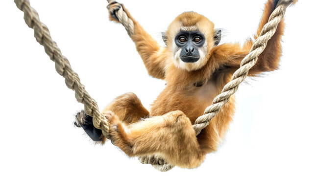 Gibbon Monkey Swinging From Rope isolated on white, generative ai