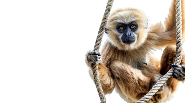 Gibbon Monkey Swinging From Rope isolated on white, generative ai