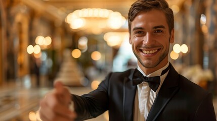 An exemplary display of hospitality unfolds as a concierge warmly welcomes guests with a radiant smile, setting the tone for exceptional service.