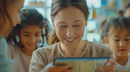 In the realm of STEM education, an immersive scene unfolds as a teacher utilizes a digital tablet to vividly elucidate coding concepts to students.