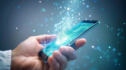 Hand of entrepreneur holding smartphone displaying innovative app interface, symbolizing entrepreneurship and innovation in technology.