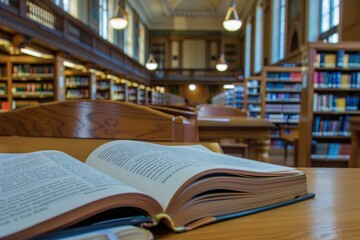 Fototapeta premium Open book on wooden table in library with blur bookshelf background. Education concept.