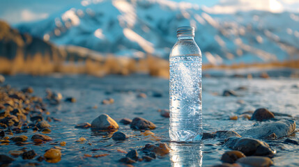 a bottle of crystal clear water standing in a stream flowing from a mountain glacier, the image symbolizes the purity and coolness of water that refreshes in the heat and quenches thirst