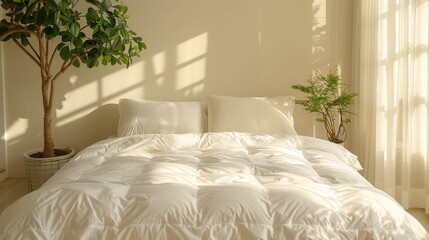 Warm sunlight casts shadows across a cozy modern bedroom adorned with lush houseplants and white bedding.