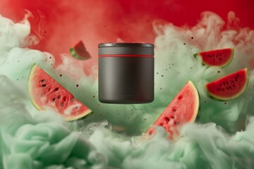 An innovative product MOckup display featuring a black container amidst a dynamic scene with watermelon slices and swirling smoke against a red backdrop.