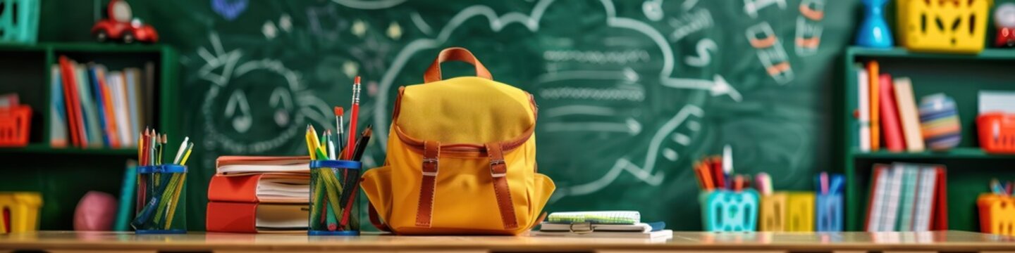 Back to school concept banner. School supplies on blackboard background.