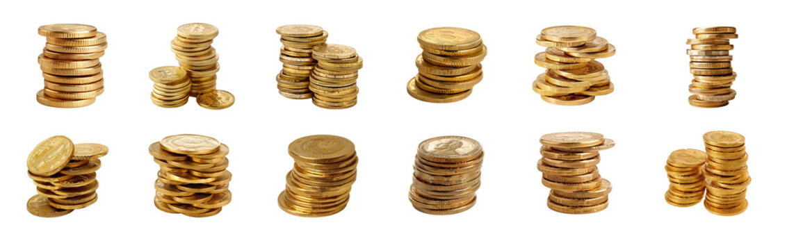 Stacks of generic golden coins isolated on transparent background. AI generated.