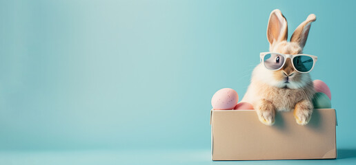 cute funny rabbit in trendy glasses in a paper box with eggs on a soft blue background with a lot of free space, widescreen banner