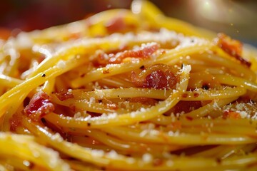 A detailed view of a plate of spaghetti noodles tossed with sauce, showcasing the texture and colors of the dish