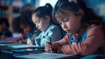 A group of children are writing at their desks in the classroom
