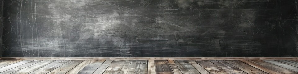 Empty room with blackboard and wooden floor, panoramic banner