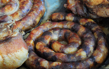 Homemade roasted sausages.  Ukrainian traditional food.