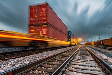 A dynamic action shot of a train moving down train tracks next to a cargo container, showcasing industrial transportation