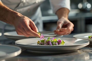 Obraz na płótnie Canvas A chef meticulously places colorful flowers on a plate, creating an elegant and artistic garnish