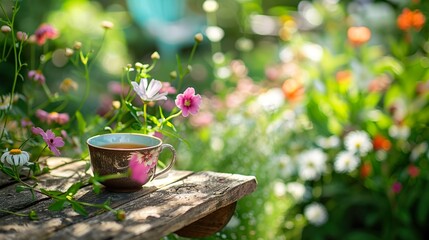 Teacup placed on a rustic wooden table in a garden setting, surrounded by blooming flowers and greenery - obrazy, fototapety, plakaty
