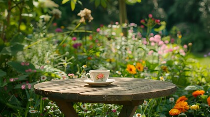 Teacup placed on a rustic wooden table in a garden setting, surrounded by blooming flowers and greenery