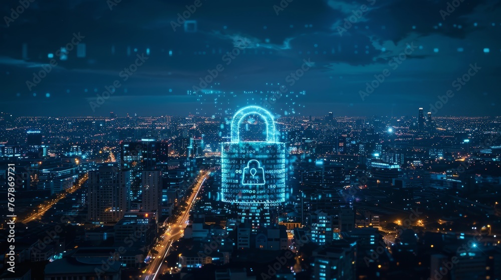 Poster A cyber security data protection concept on a city background...