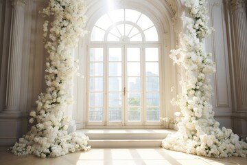 Elegant indoor wedding backdrop with white floral wreath decoration under summer sunlight