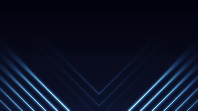 Abstract retro-futuristic loop motion graphics featuring glowing blue thin neon laser lines pointed towards the center of the screen. Seamless background animation