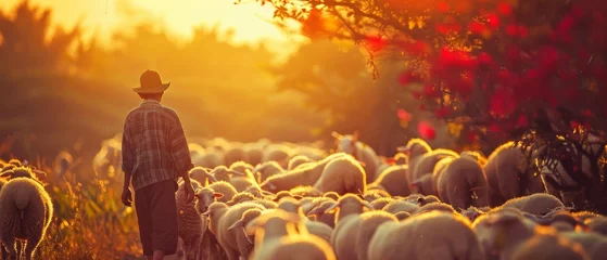 Fotobehang Flock of sheep with a farm worker © Zaleman