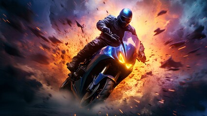 Action of biker with fire grapic style - obrazy, fototapety, plakaty