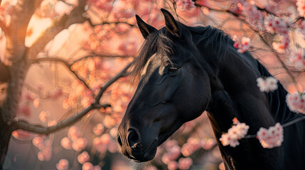 Portrait of a black horse near cherry blossoms