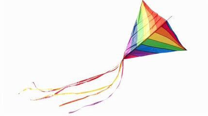 Isolated white background with a flying rainbow kite. - obrazy, fototapety, plakaty