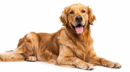 A golden retriever rests on a white background